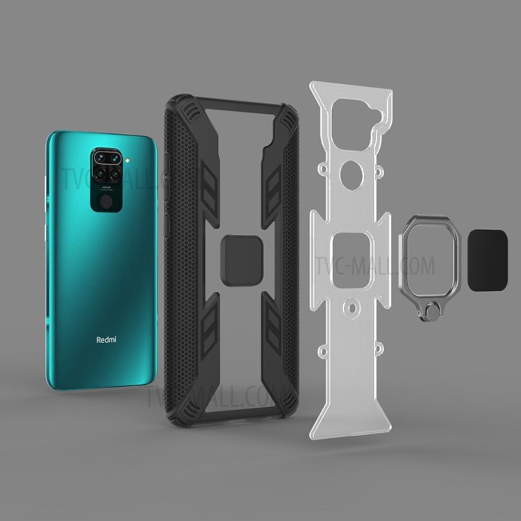 Anel De Dedo Estilo Guerreiro Kickstand PC + TPU Tampa De Combinação De Volta Para Xiaomi Redmi Nota 9 / Redmi 10X 4G - Preto-7