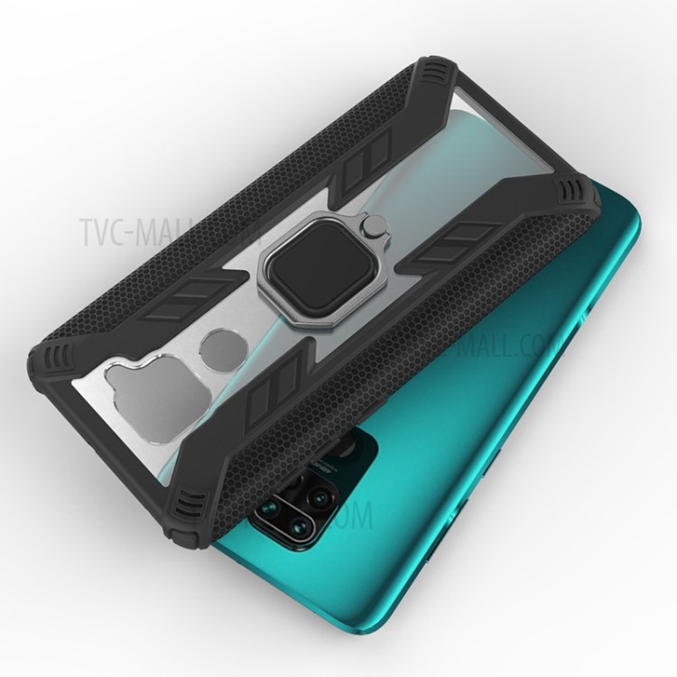 Anel De Dedo Estilo Guerreiro Kickstand PC + TPU Tampa De Combinação De Volta Para Xiaomi Redmi Nota 9 / Redmi 10X 4G - Preto-8