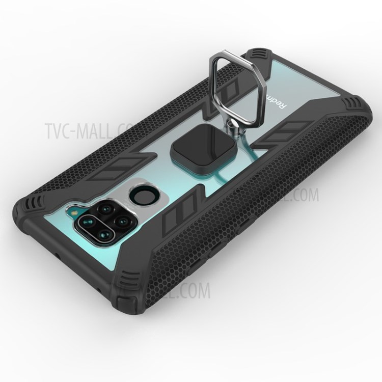 Anel De Dedo Estilo Guerreiro Kickstand PC + TPU Tampa De Combinação De Volta Para Xiaomi Redmi Nota 9 / Redmi 10X 4G - Preto-9
