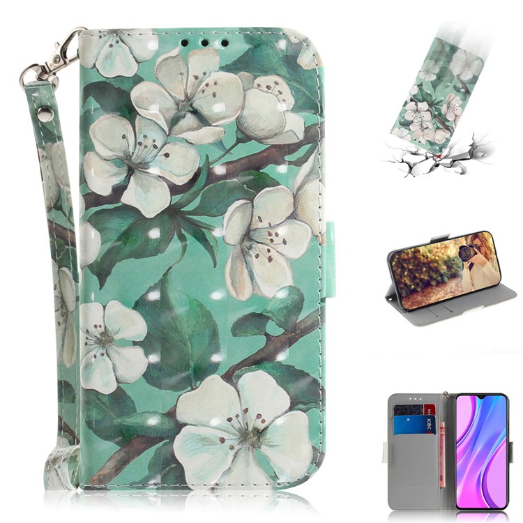 Light Spot Decor Pattern Printing Wallet Stand Leather Case with Strap for Xiaomi Redmi 9 - White Flower-1