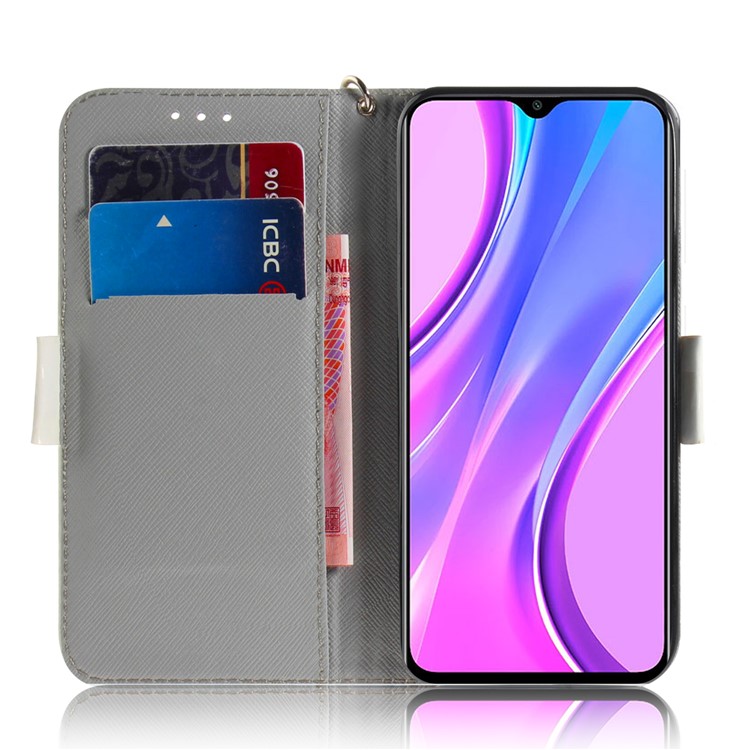 Light Spot Decor Pattern Printing Wallet Stand Leather Case with Strap for Xiaomi Redmi 9 - White Flower-7