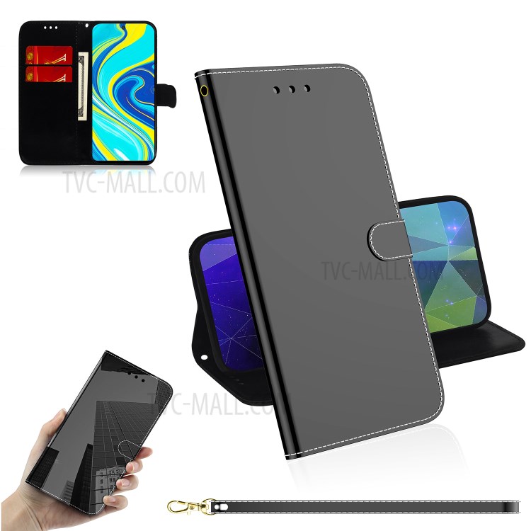Espelho De Couro Superfície Tampa Do Telefone Shell Para Xiaomi Redmi Nota 9 Pro - Preto-1