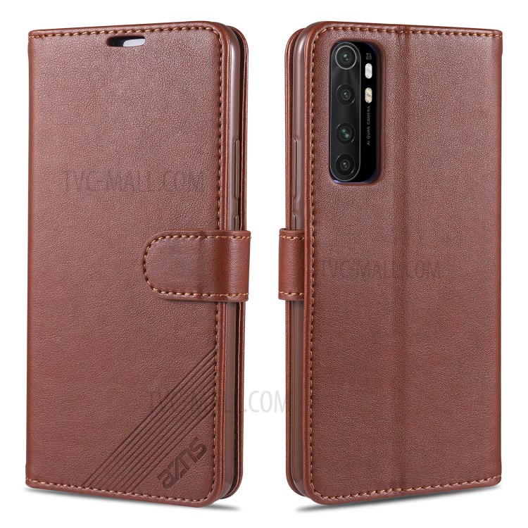 AZNS Phone Shell Leather Wallet Stand Case for Xiaomi Mi Note 10 Lite - Brown-1