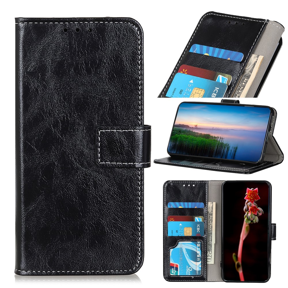 Crazy Horse Texture Wallet Stand Leather Phone Cover for Xiaomi Redmi 9 - Black-1