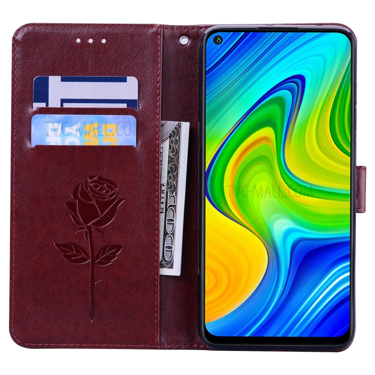 Imprint Rose Flower Magnetic Leather Shell for Xiaomi Redmi Note 9/Redmi 10X 4G - Brown-6