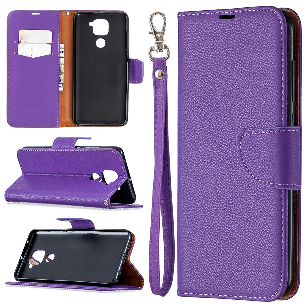 Litchi Skin with Wallet Leather Cover for Xiaomi Redmi Note 9/Redmi 10X 4G - Purple-1