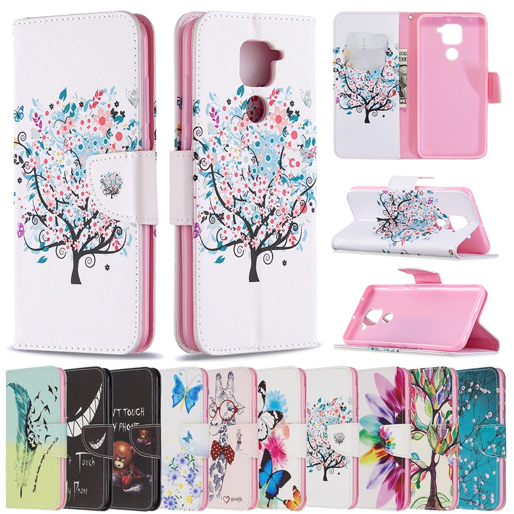 Padrão De Capa De Couro Impressão Com Carteira Suporte Para Xiaomi Nota Redmi 9 / Redmi 10X 4G - Árvore Florescida-9