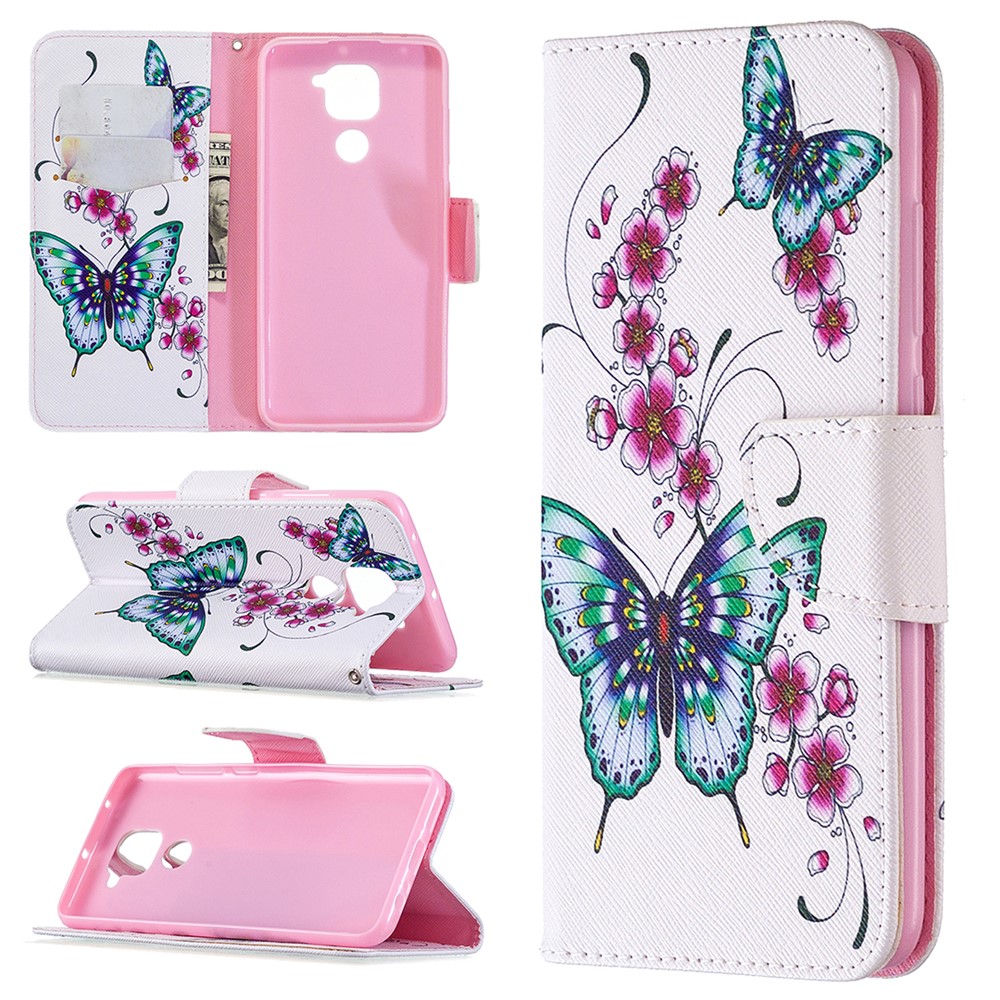 Shell Couro Padrão De Impressão Carteira Suporte Para Xiaomi Nota Redmi 9 - Borboleta E Flor-1