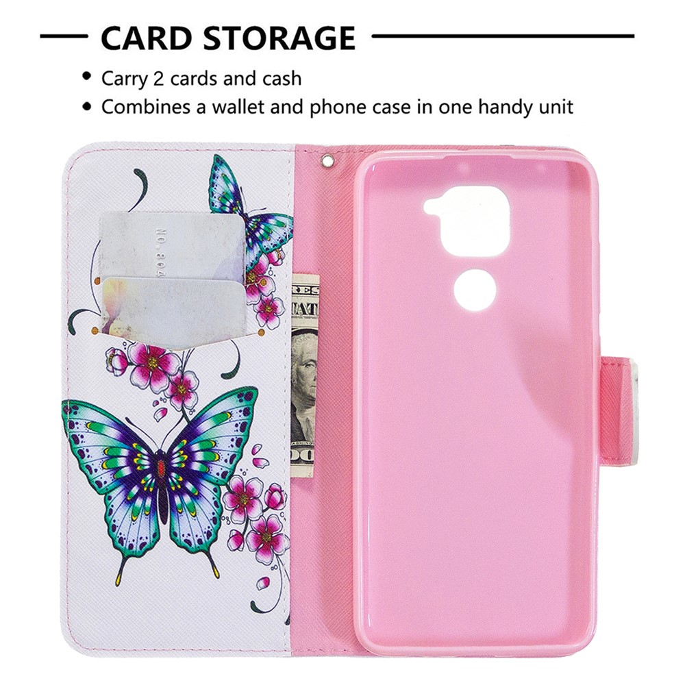 Shell Couro Padrão De Impressão Carteira Suporte Para Xiaomi Nota Redmi 9 - Borboleta E Flor-3