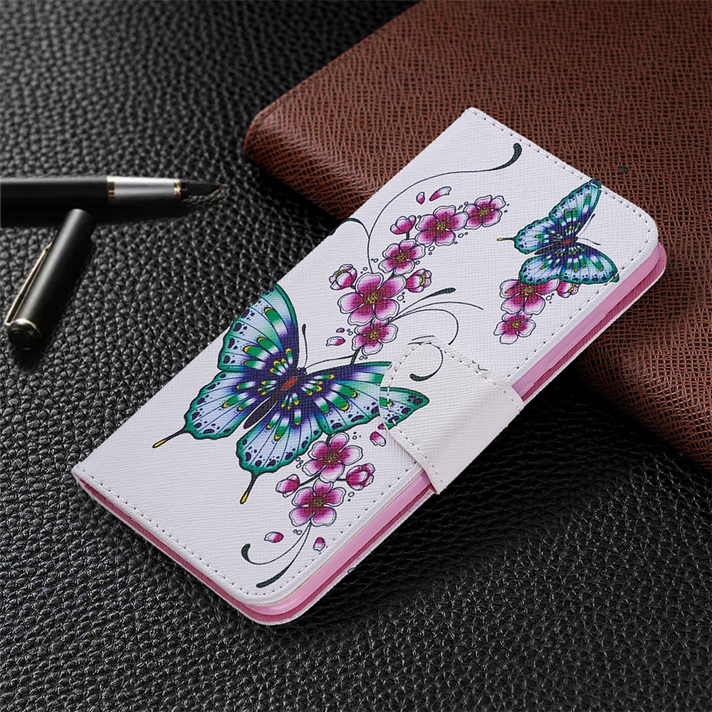 Shell Couro Padrão De Impressão Carteira Suporte Para Xiaomi Nota Redmi 9 - Borboleta E Flor-4