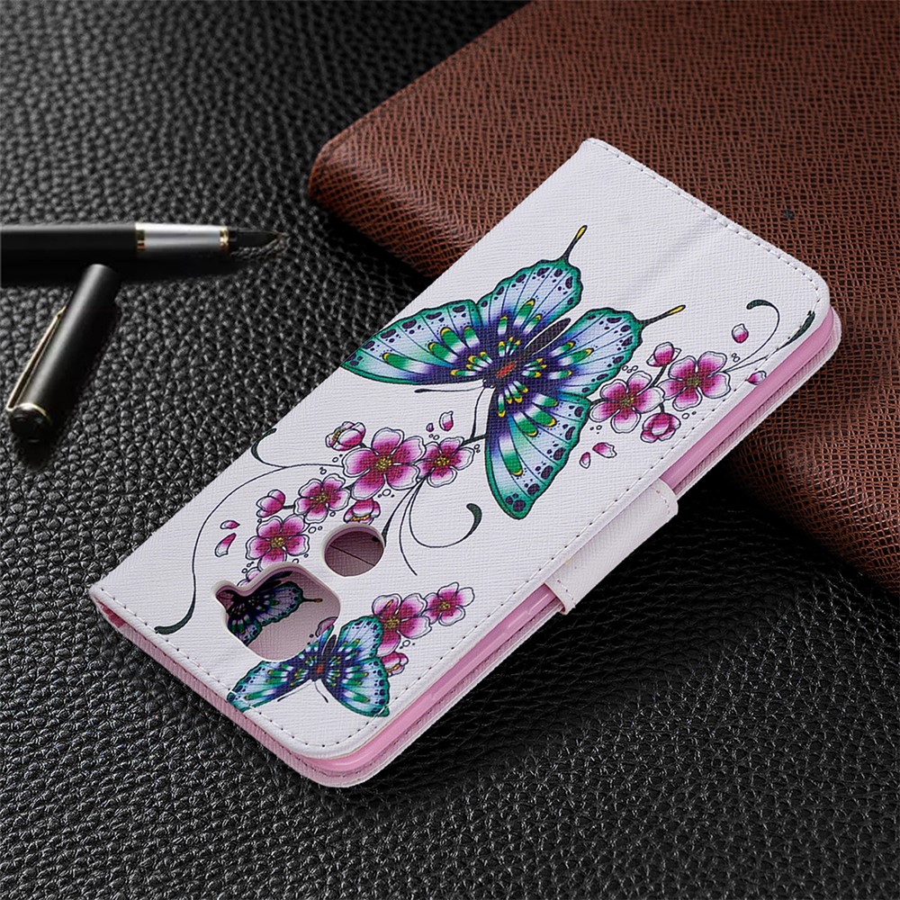 Shell Couro Padrão De Impressão Carteira Suporte Para Xiaomi Nota Redmi 9 - Borboleta E Flor-5