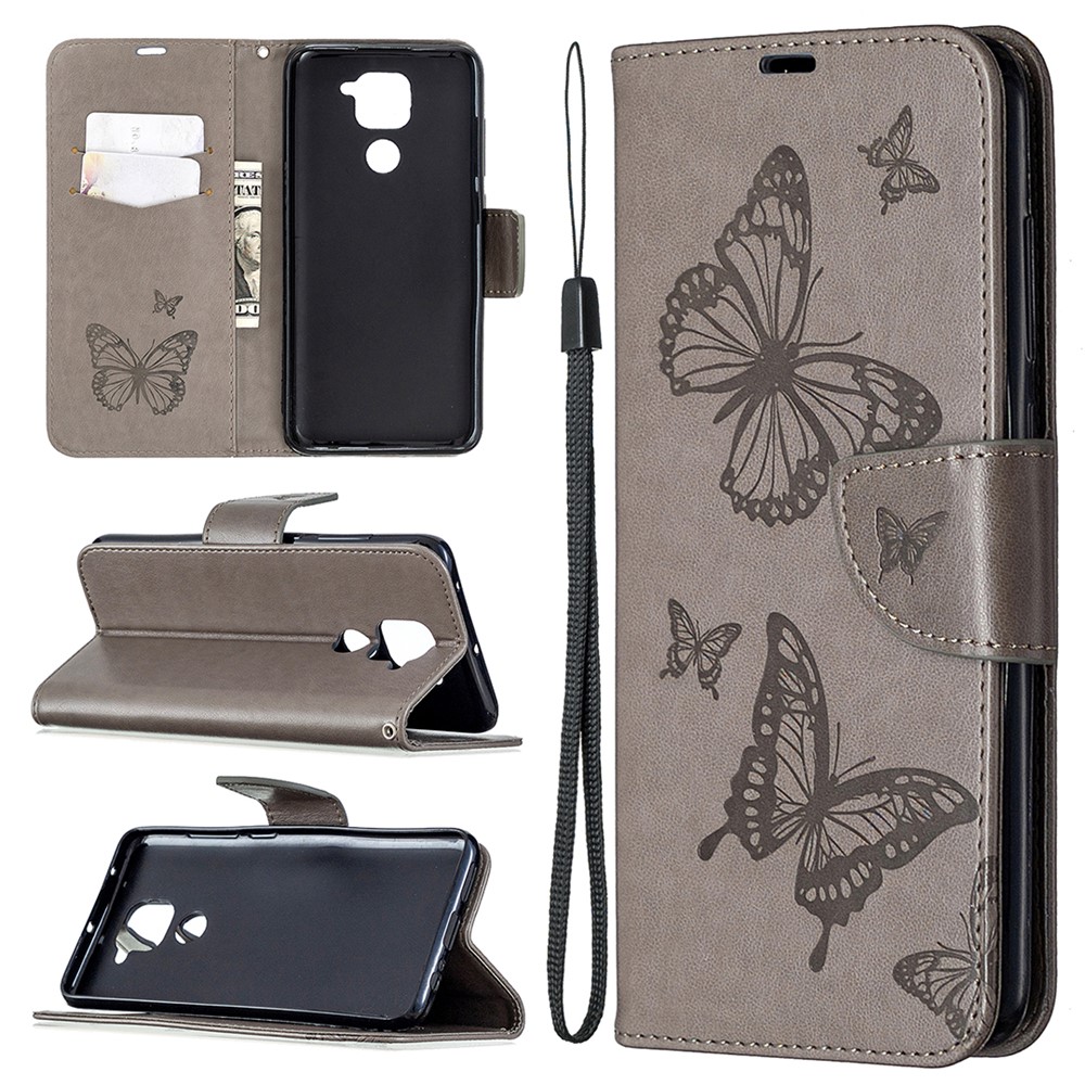 Imprint Butterflies Flip Leather Phone Shell for Xiaomi Redmi 10X 4G/Redmi Note 9 - Grey-1