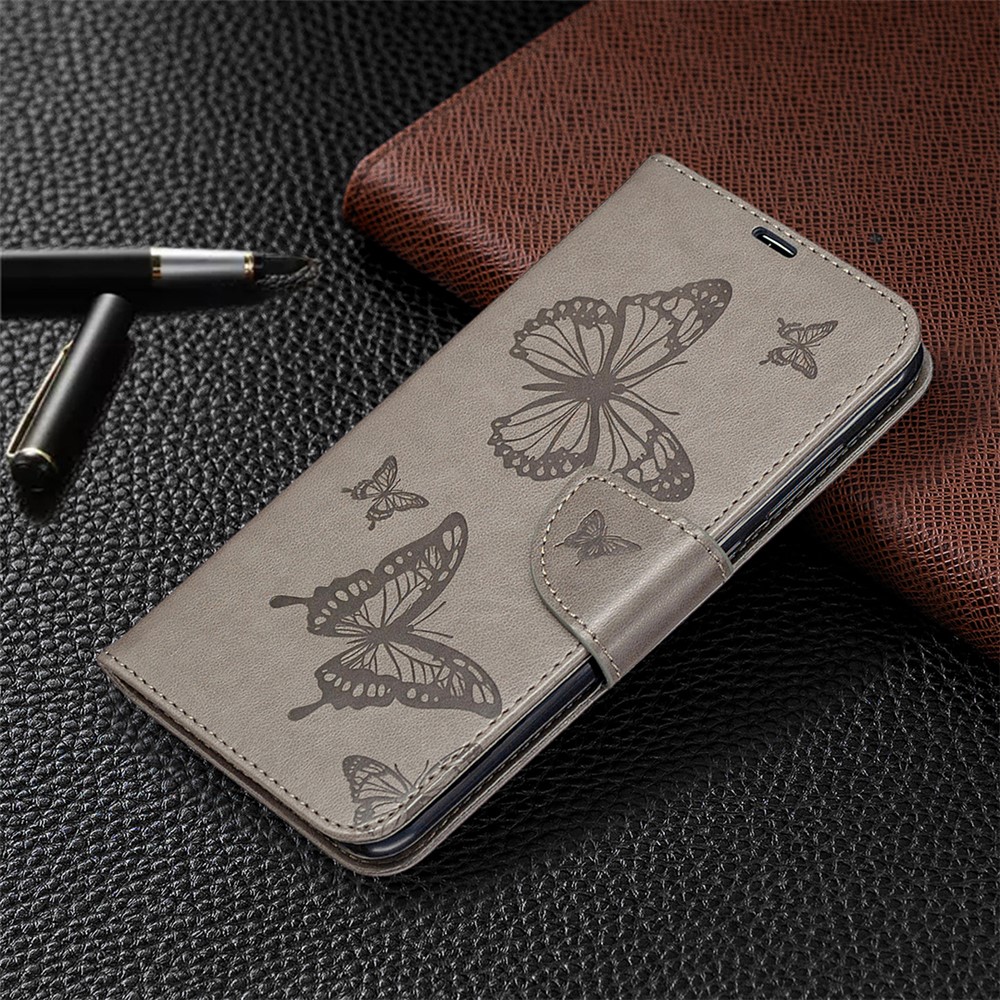 Imprint Butterflies Flip Leather Phone Shell for Xiaomi Redmi 10X 4G/Redmi Note 9 - Grey-4