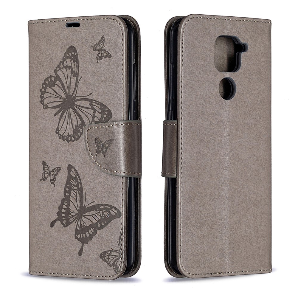 Imprint Butterflies Flip Leather Phone Shell for Xiaomi Redmi 10X 4G/Redmi Note 9 - Grey-8