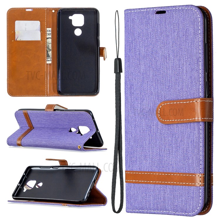 Color Splicing Jeans Cloth Skin Leather Phone Shell for Xiaomi Redmi Note 9/Redmi 10X 4G - Purple-1