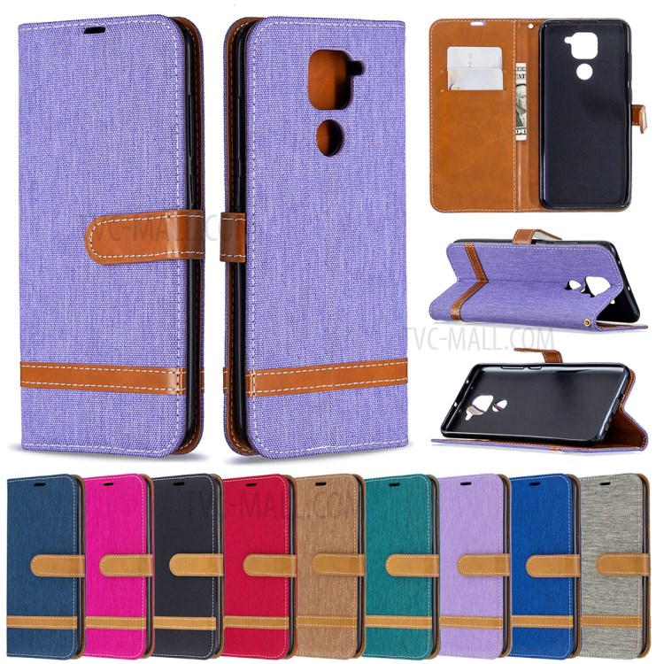 Color Splicing Jeans Cloth Skin Leather Phone Shell for Xiaomi Redmi Note 9/Redmi 10X 4G - Purple-9