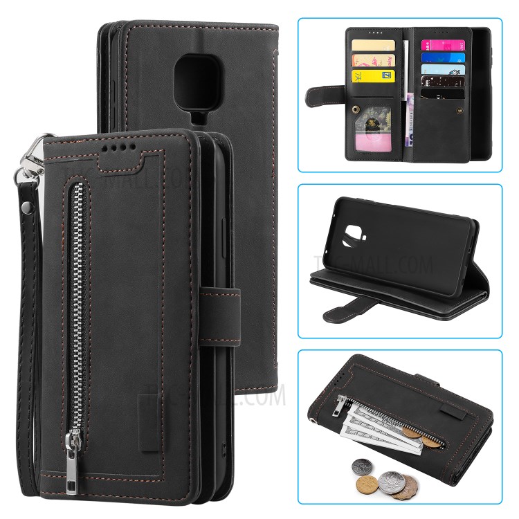 Zipper Pocket 9 Card Slots Leather Wallet Case for Xiaomi Redmi Note 9 Pro - Black-1