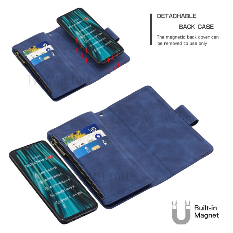 Zipper Pocket Detachable 2-in-1 Leather Wallet Stand Phone Cover for Xiaomi Redmi Note 8 Pro - Blue-2