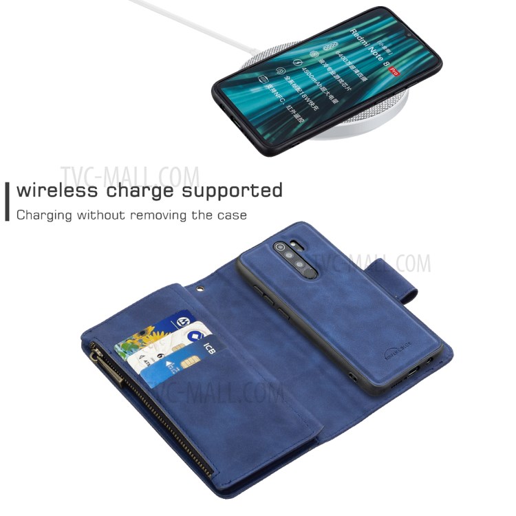 Zipper Pocket Detachable 2-in-1 Leather Wallet Stand Phone Cover for Xiaomi Redmi Note 8 Pro - Blue-5