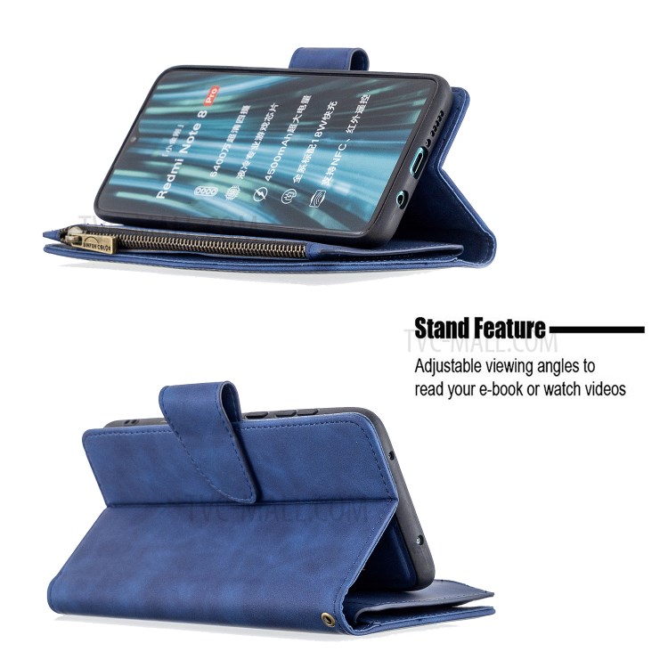 Zipper Pocket Detachable 2-in-1 Leather Wallet Stand Phone Cover for Xiaomi Redmi Note 8 Pro - Blue-6