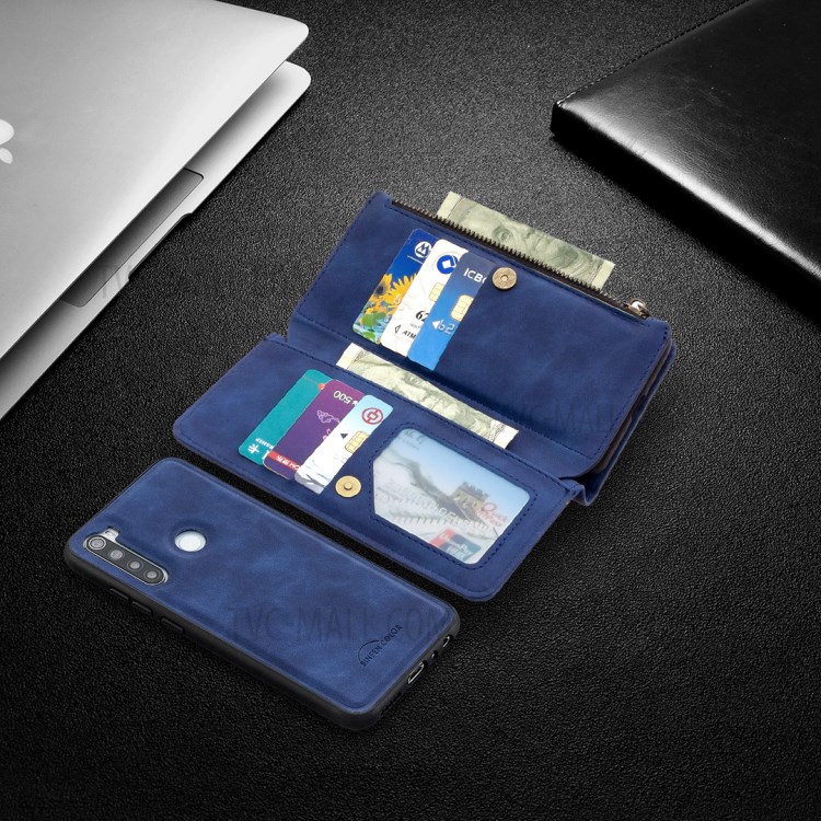 Zipper Pocket Detachable 2-in-1 Leather Wallet Stand Phone Shell for Xiaomi Redmi Note 8 - Blue-10