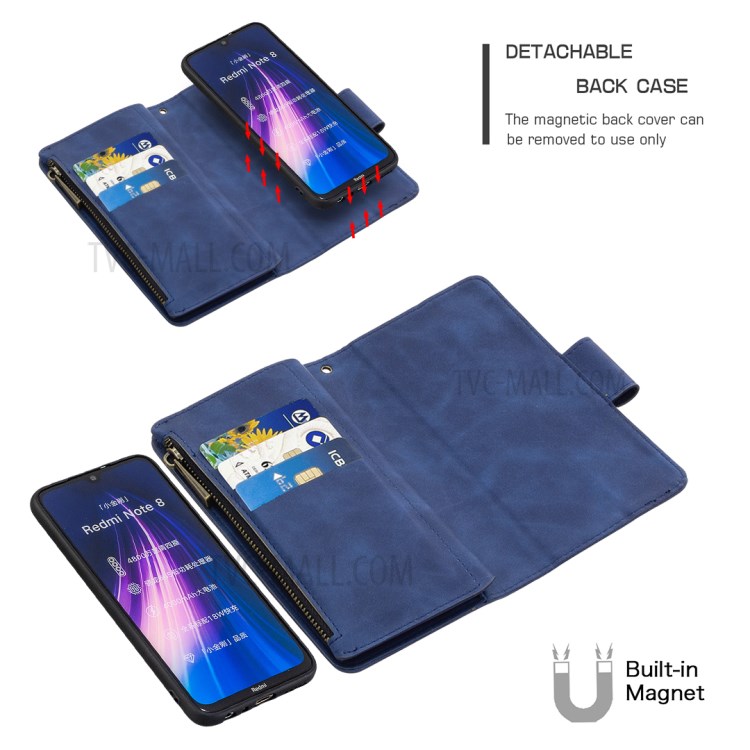 Zipper Pocket Detachable 2-in-1 Leather Wallet Stand Phone Shell for Xiaomi Redmi Note 8 - Blue-2