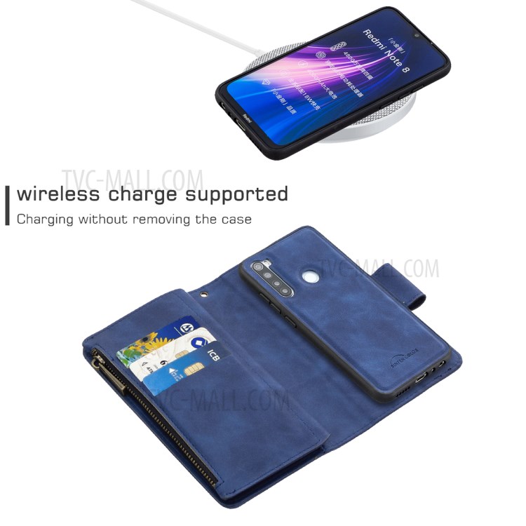 Zipper Pocket Detachable 2-in-1 Leather Wallet Stand Phone Shell for Xiaomi Redmi Note 8 - Blue-5