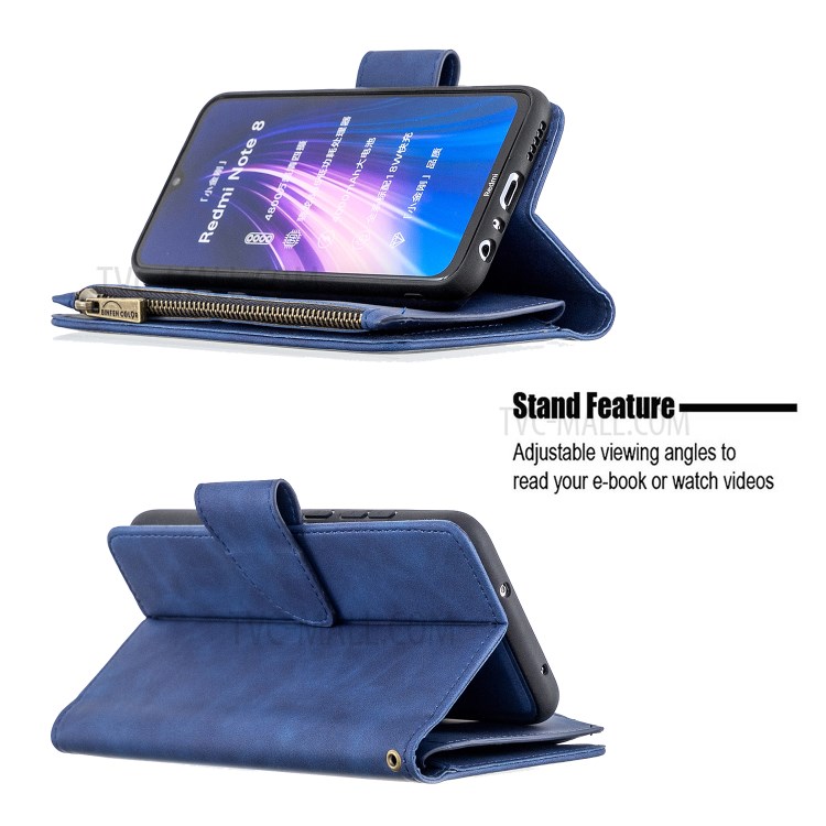 Zipper Pocket Detachable 2-in-1 Leather Wallet Stand Phone Shell for Xiaomi Redmi Note 8 - Blue-6