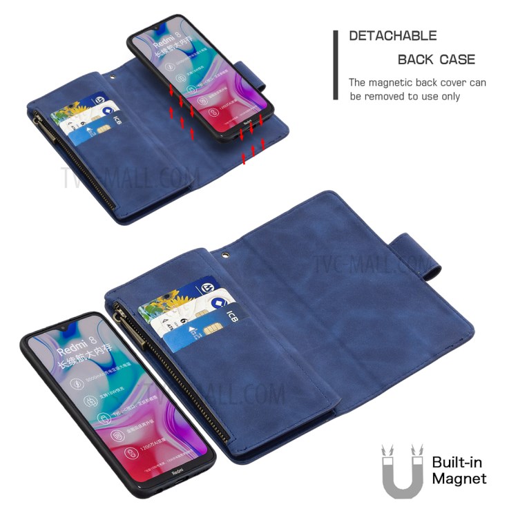 Zipper Pocket Detachable 2-in-1 Leather Wallet Stand Shell Case for Xiaomi Redmi 8 - Blue-2