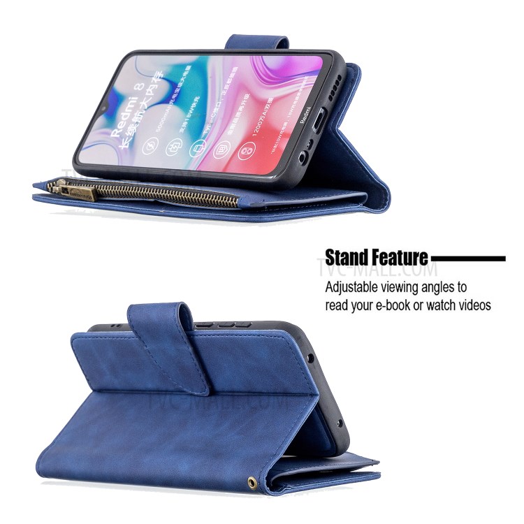 Zipper Pocket Detachable 2-in-1 Leather Wallet Stand Shell Case for Xiaomi Redmi 8 - Blue-6