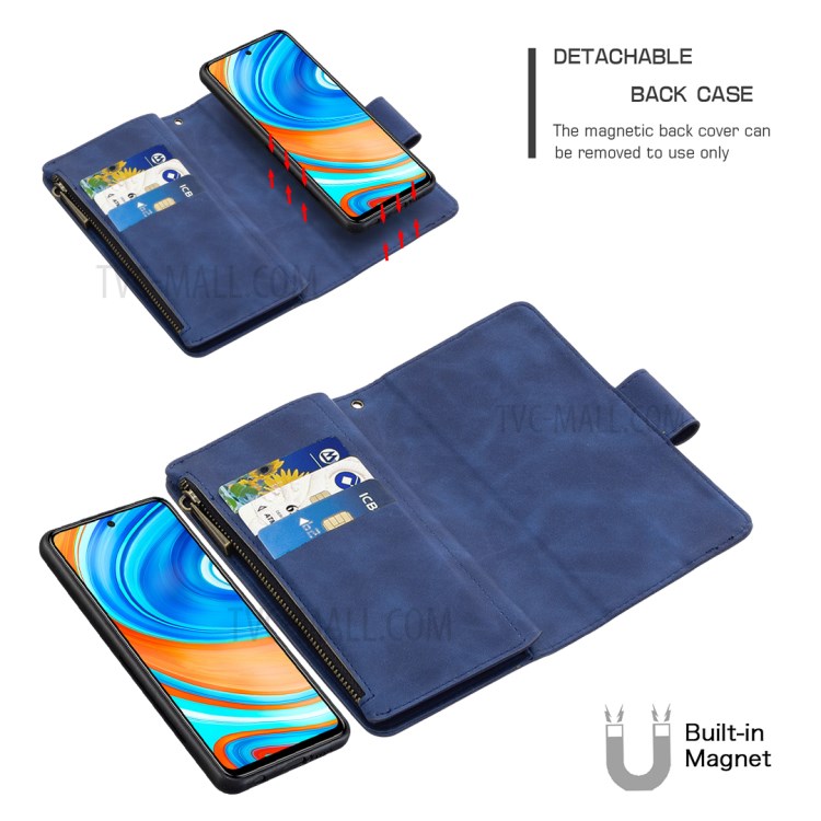 Zipper Pocket Detachable 2-in-1 Protective Leather Wallet Case for Xiaomi Redmi Note 9 Pro/9 Pro Max/9S - Blue-2