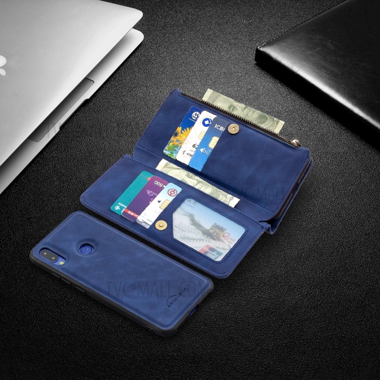 Bolso Zíper Couro Caso Suporte Destacável 2-in-1 Carteira Para Xiaomi Redmi Nota 7 - Azul-11