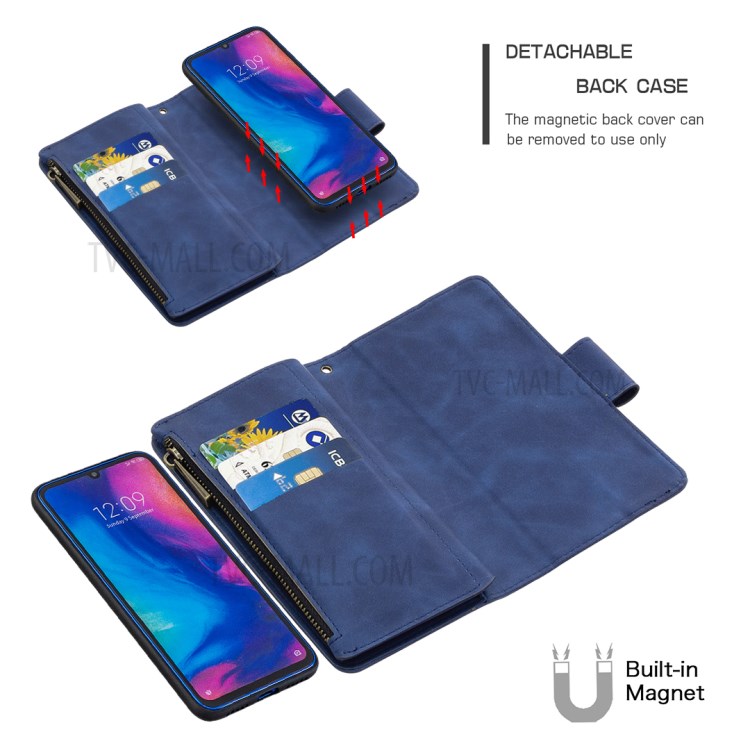 Bolso Zíper Couro Caso Suporte Destacável 2-in-1 Carteira Para Xiaomi Redmi Nota 7 - Azul-2