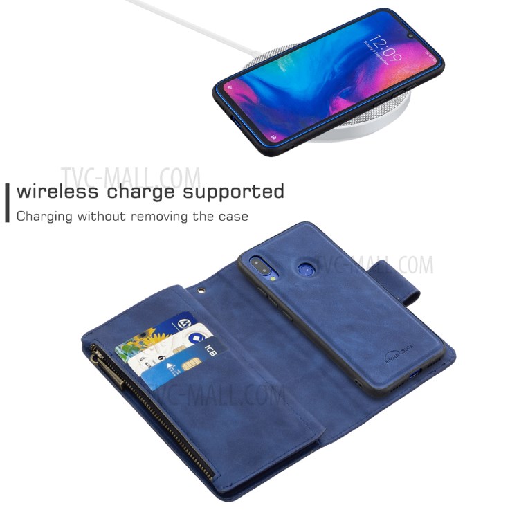 Bolso Zíper Couro Caso Suporte Destacável 2-in-1 Carteira Para Xiaomi Redmi Nota 7 - Azul-5