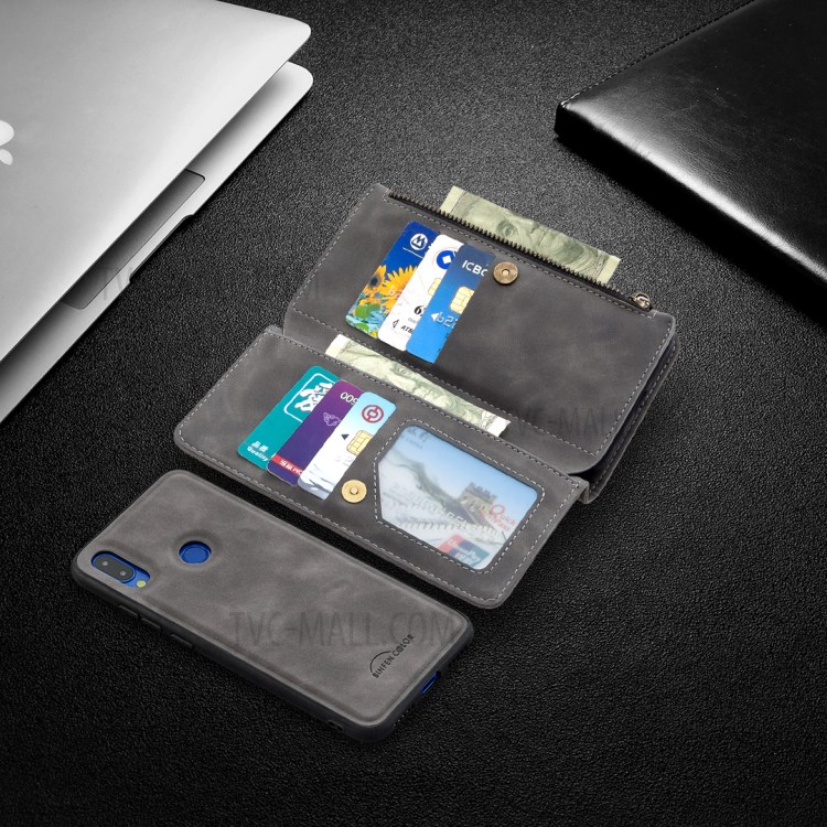 Fermeture À Glissière Poche Détachable Boîtier De Support Porte-monnaie Cuir 2-en-1 Pour Xiaomi Redmi Note 7 - Gris-10