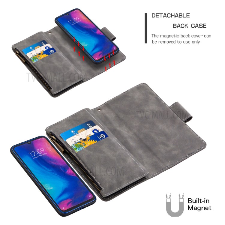 Fermeture À Glissière Poche Détachable Boîtier De Support Porte-monnaie Cuir 2-en-1 Pour Xiaomi Redmi Note 7 - Gris-2