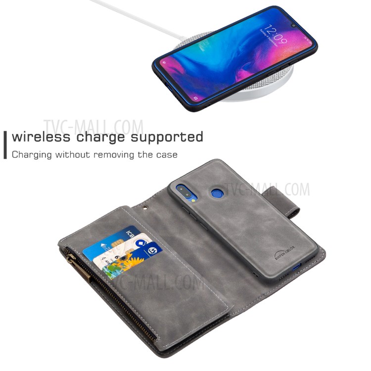 Fermeture À Glissière Poche Détachable Boîtier De Support Porte-monnaie Cuir 2-en-1 Pour Xiaomi Redmi Note 7 - Gris-5