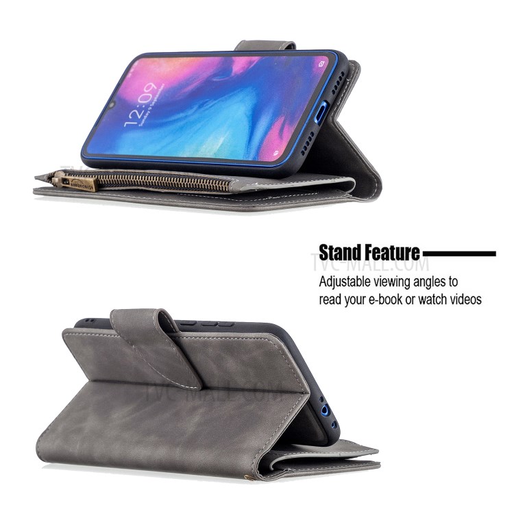 Fermeture À Glissière Poche Détachable Boîtier De Support Porte-monnaie Cuir 2-en-1 Pour Xiaomi Redmi Note 7 - Gris-6