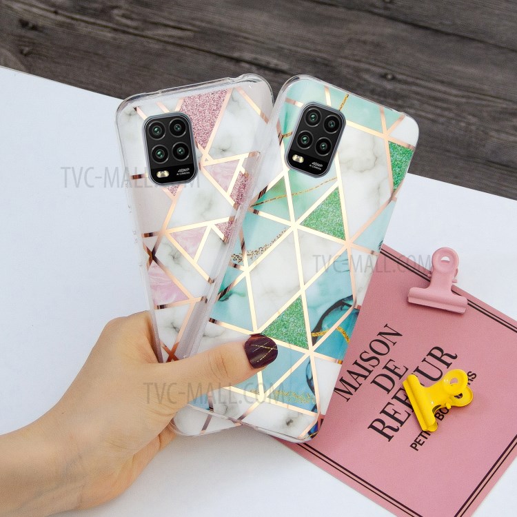 Teste Padrão De Mármore Galvanoplastia Caixa Do Telefone IMD TPU Para Xiaomi Mi Nota 10 Lite 5G - Branco / Ciano-5