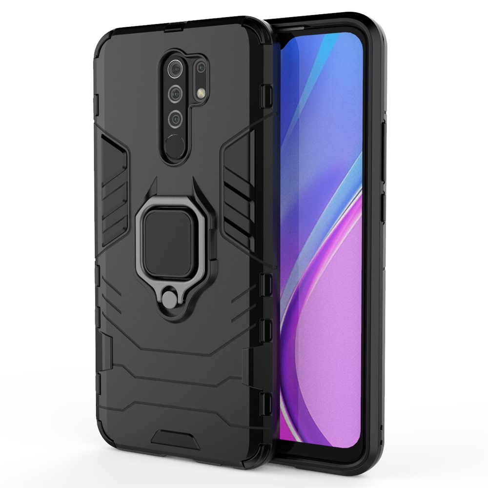 Cool Guard Ring Holder Kickstand PC TPU Hybrid Case Protective Shell for Xiaomi Redmi 9 - Black-1