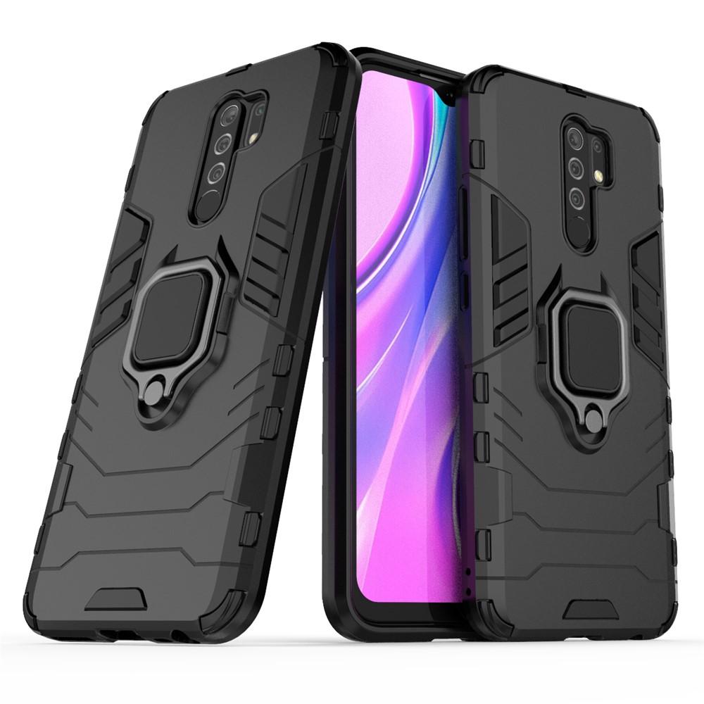 Cool Guard Ring Holder Kickstand PC TPU Hybrid Case Protective Shell Para Xiaomi Redmi 9 - Negro-2