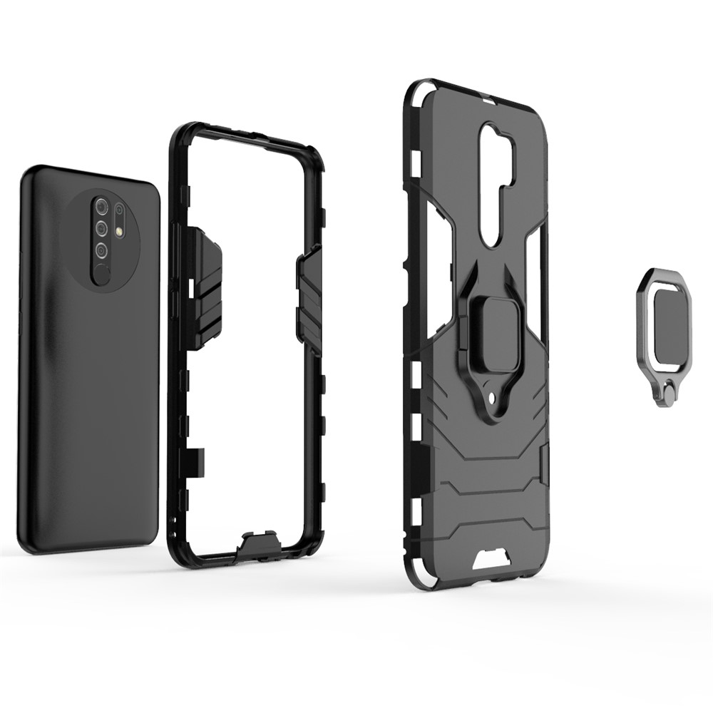 Cool Guard Ring Holder Kickstand PC TPU Hybrid Case Protective Shell Para Xiaomi Redmi 9 - Negro-3