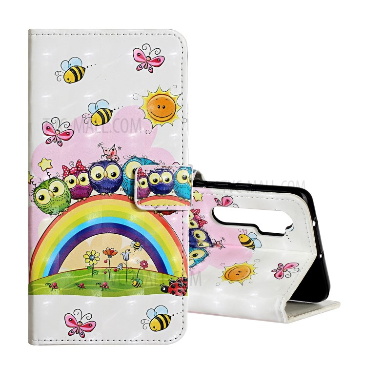 Pattern Printing Light Spot Decor Wallet Flip Leather Phone Cover for Xiaomi Mi Note 10 Lite - Rainbow and Owls-1