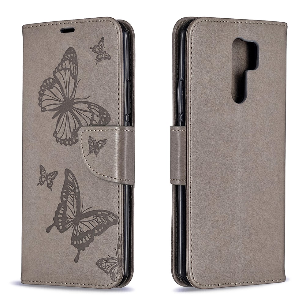 Imprint Butterflies Wallet Stand Flip Leather Phone Shell for Xiaomi Redmi 9 - Grey-4