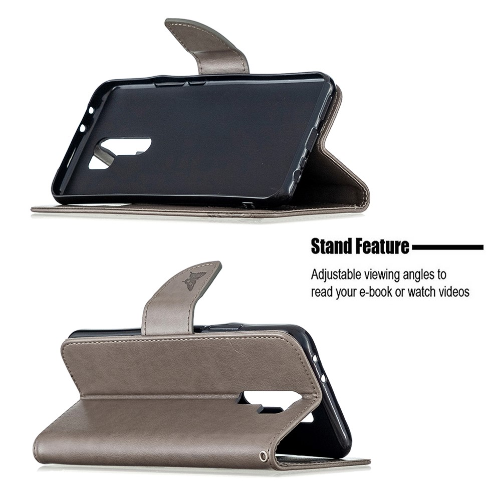 Imprint Butterflies Wallet Stand Flip Leather Phone Shell for Xiaomi Redmi 9 - Grey-5