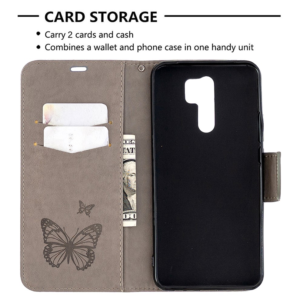 Imprint Butterflies Wallet Stand Flip Leather Phone Shell for Xiaomi Redmi 9 - Grey-6