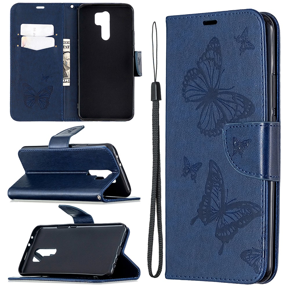 Imprint Butterflies Wallet Stand Flip Leather Phone Shell for Xiaomi Redmi 9 - Dark Blue-1