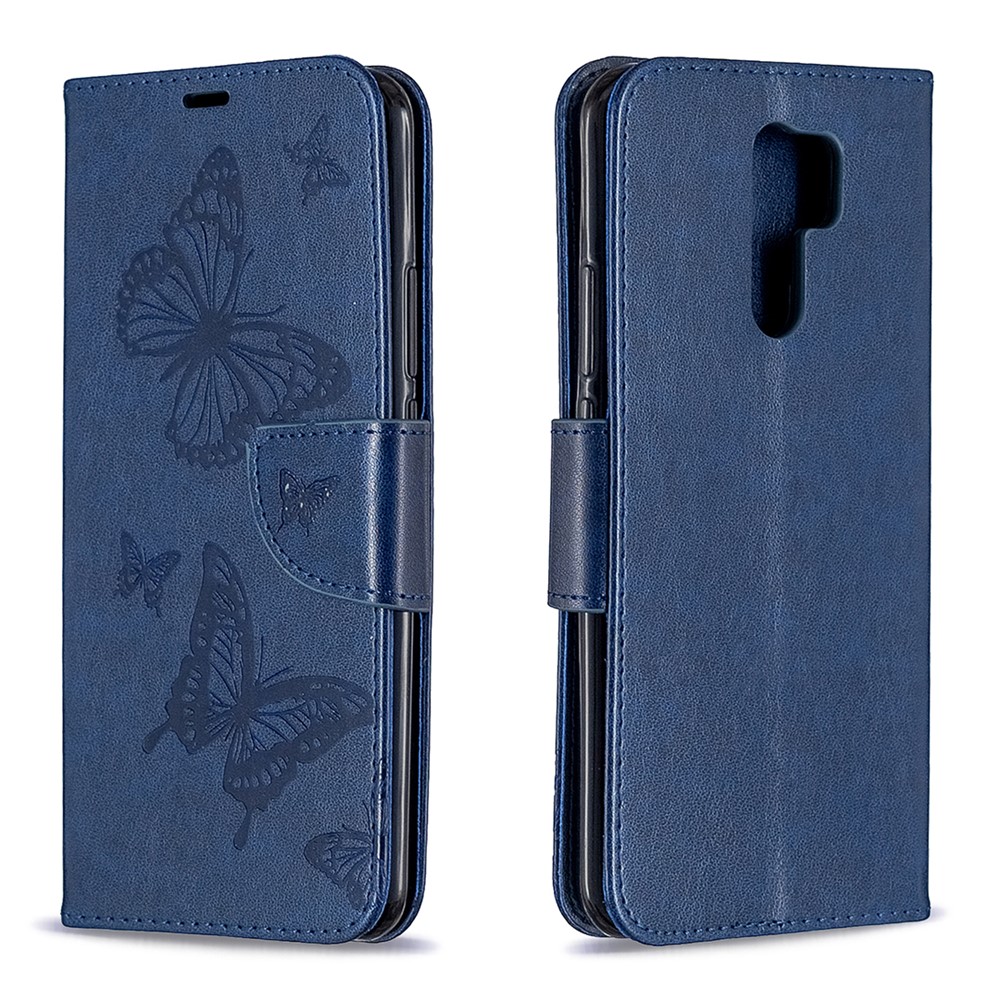 Imprint Butterflies Wallet Stand Flip Leather Phone Shell for Xiaomi Redmi 9 - Dark Blue-4
