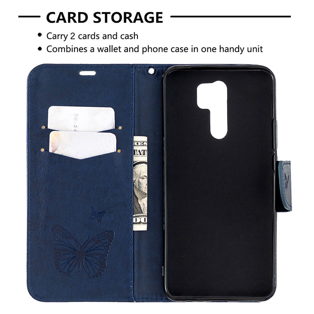 Imprint Butterflies Wallet Stand Flip Leather Phone Shell for Xiaomi Redmi 9 - Dark Blue-6