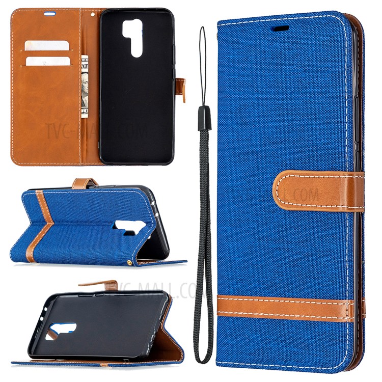 Color Splicing Jeans Cloth Shell Wallet Leather Cover for Xiaomi Redmi 9 - Baby Blue-1